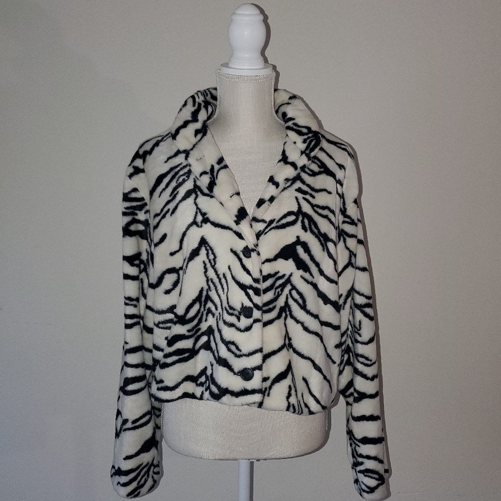 KAREN KANE Vintage Zebra Print Faux Fur Jacket White/Black - Size XL